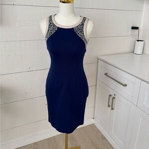 Yoana Baraschi Blue Sheath Dress Size 2 Made in NYC Faux Leather Trim